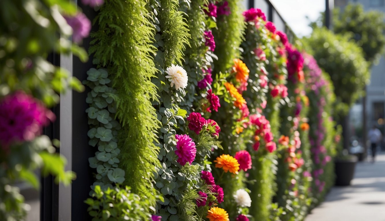 A vertical garden wall adorned with lush greenery and vibrant flowers, creating a visually stunning and inviting display for passersby