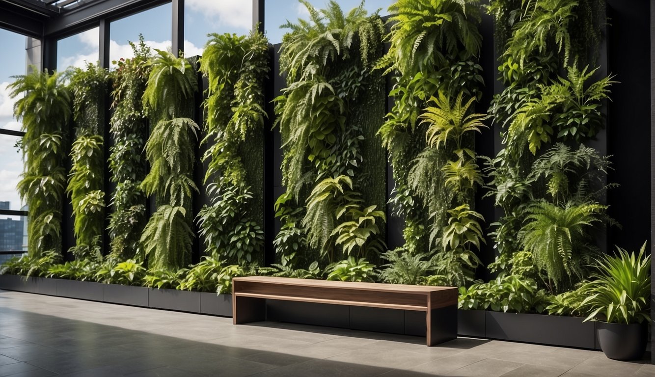 Lush greenery cascades down vertical panels, creating a vibrant and textured display of plants against a backdrop of a sleek and modern urban setting