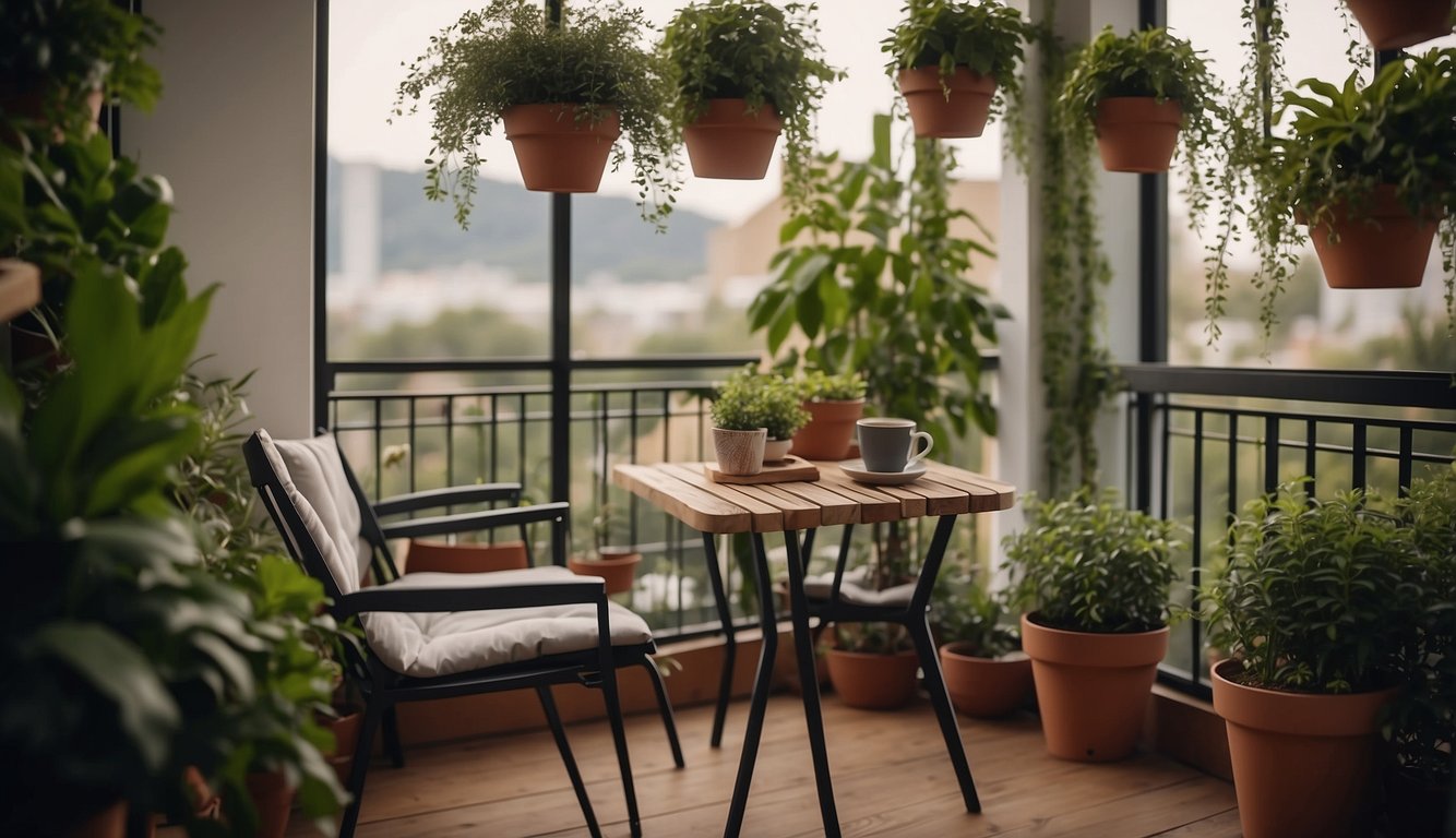 A modern balcony garden with sleek furniture, potted plants, and hanging lights. A small table with a cup of coffee and a book completes the cozy setup