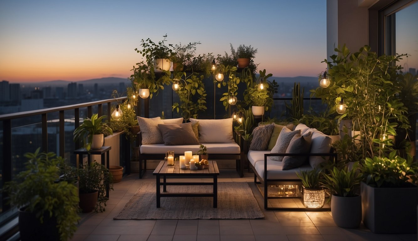 A modern balcony garden with sleek furniture, potted plants, and decorative lighting. The space is designed for relaxation and socializing