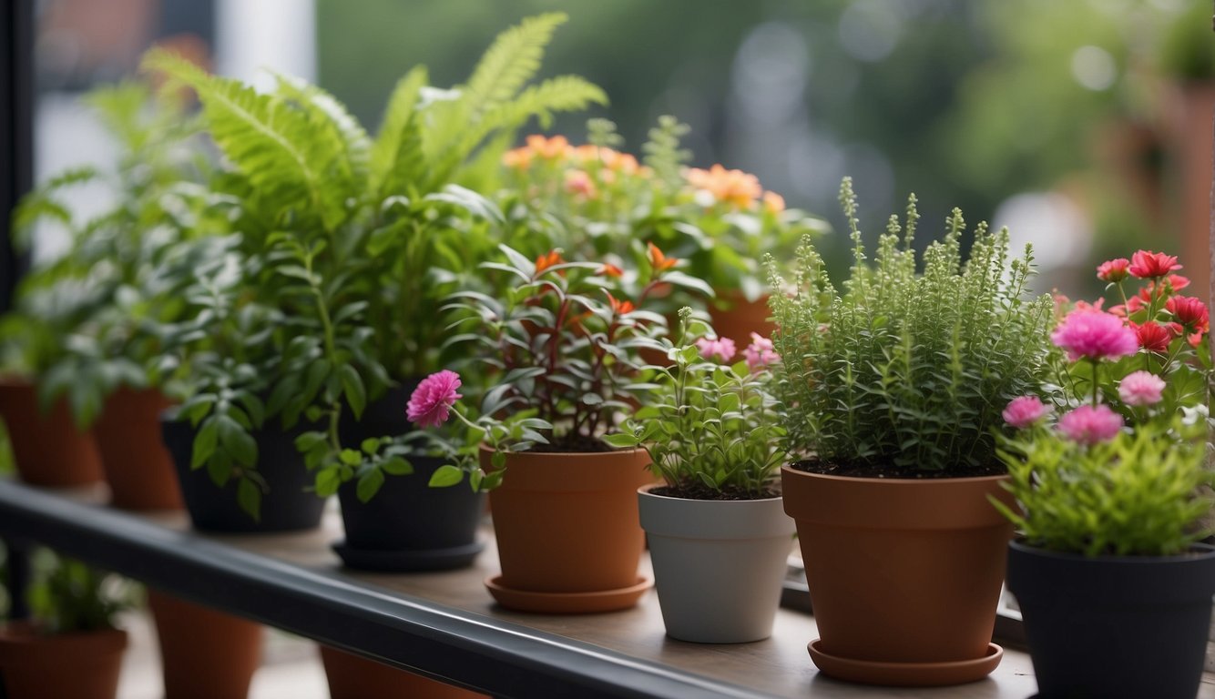 A variety of plants fill a small balcony garden, including colorful flowers, lush greenery, and potted herbs. The plants are arranged in an aesthetically pleasing manner, creating a peaceful and inviting outdoor space