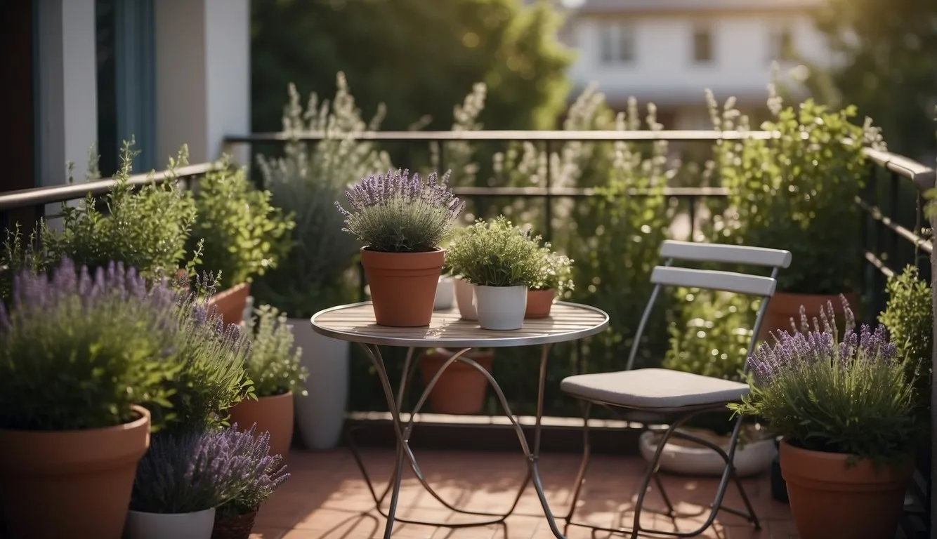 A balcony garden with aromatic plants arranged in pots, including lavender, rosemary, and mint. A small table and chairs are set up for enjoying the scents