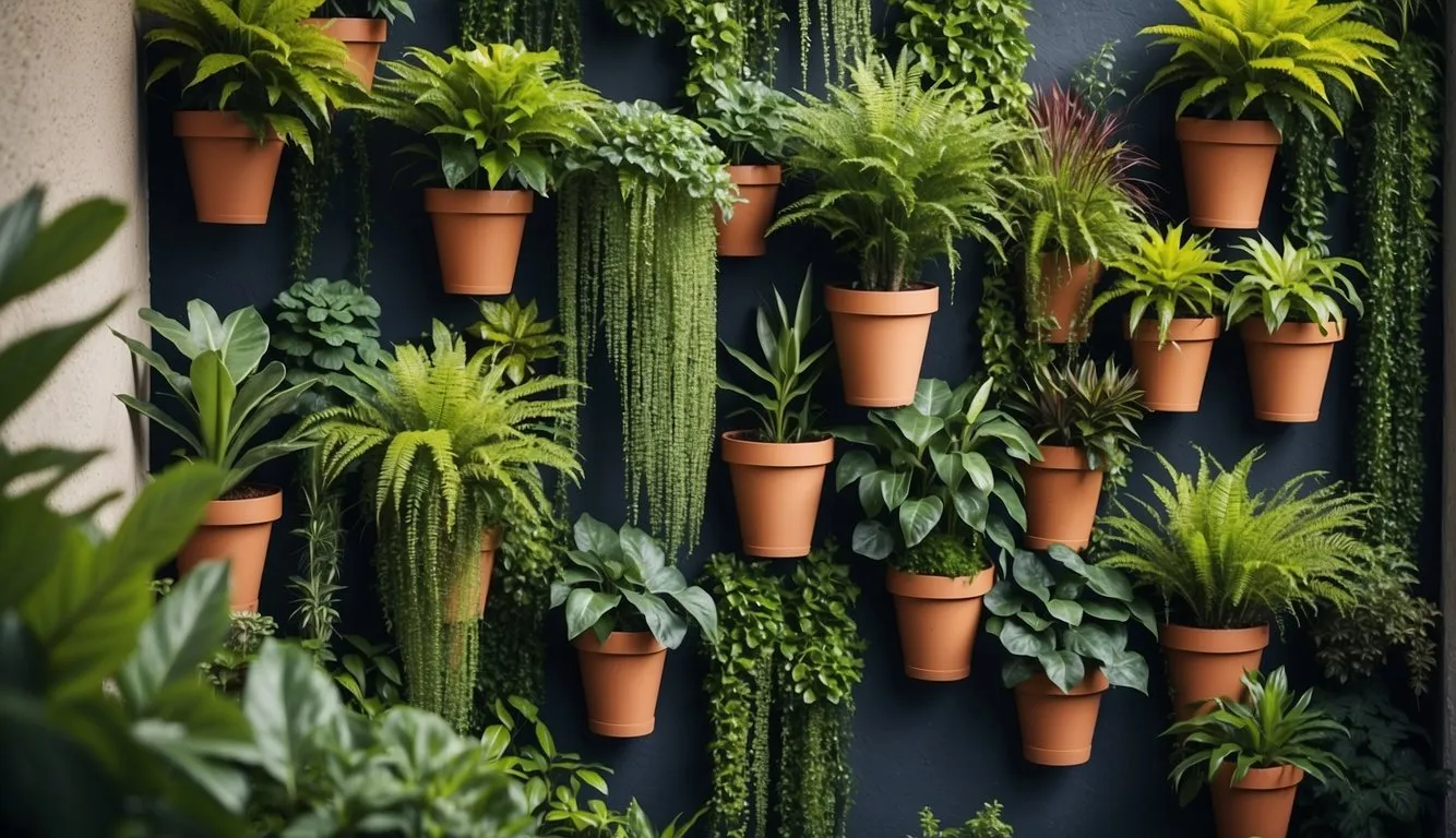 Lush greenery cascades down a vibrant wall, with a variety of plants growing in vertical planters. The garden is a mix of textures and colors, creating a dynamic and visually appealing display