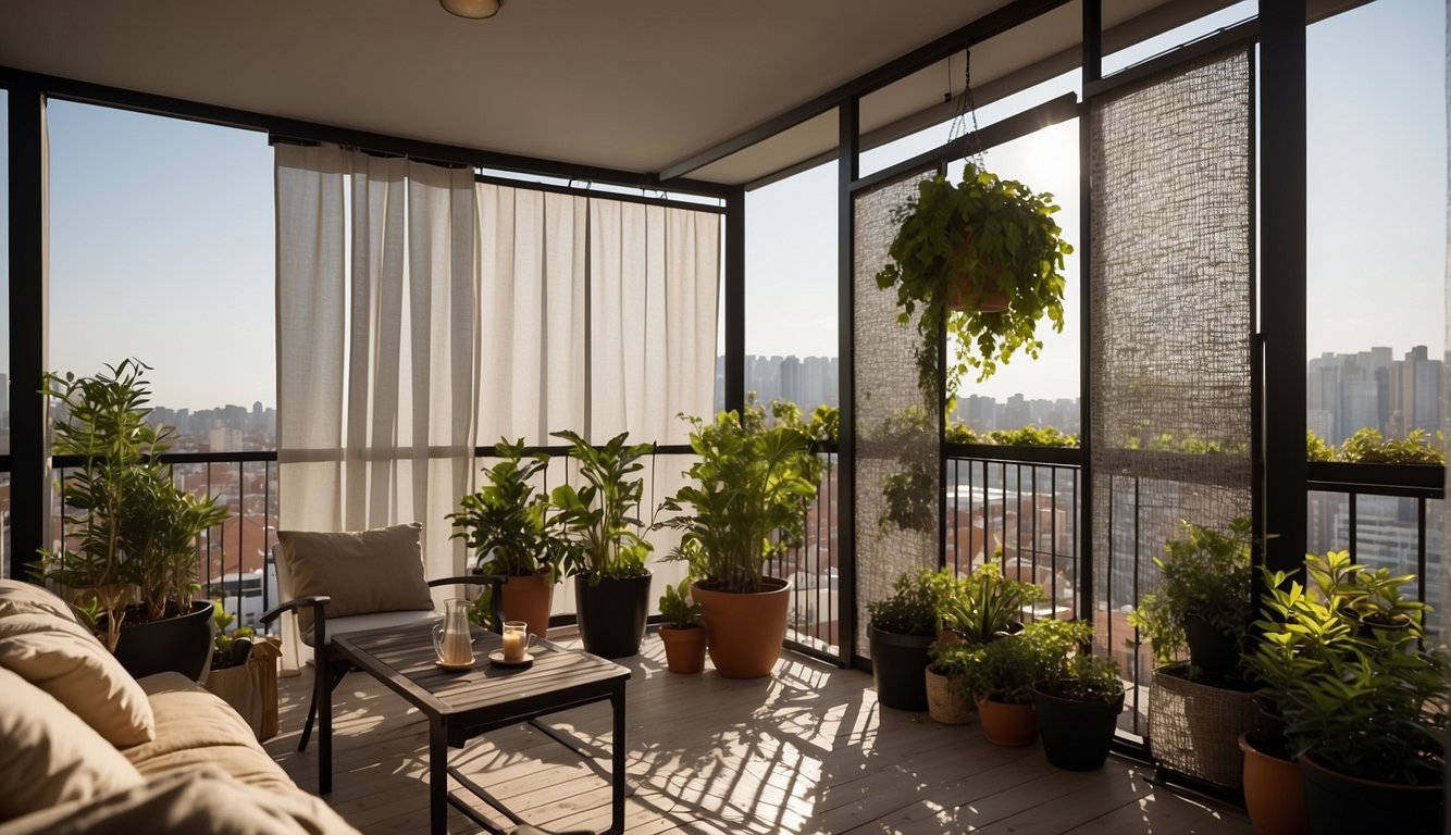 A balcony with various portable screen options for privacy, including folding panels, hanging drapes, and potted plants acting as natural dividers
