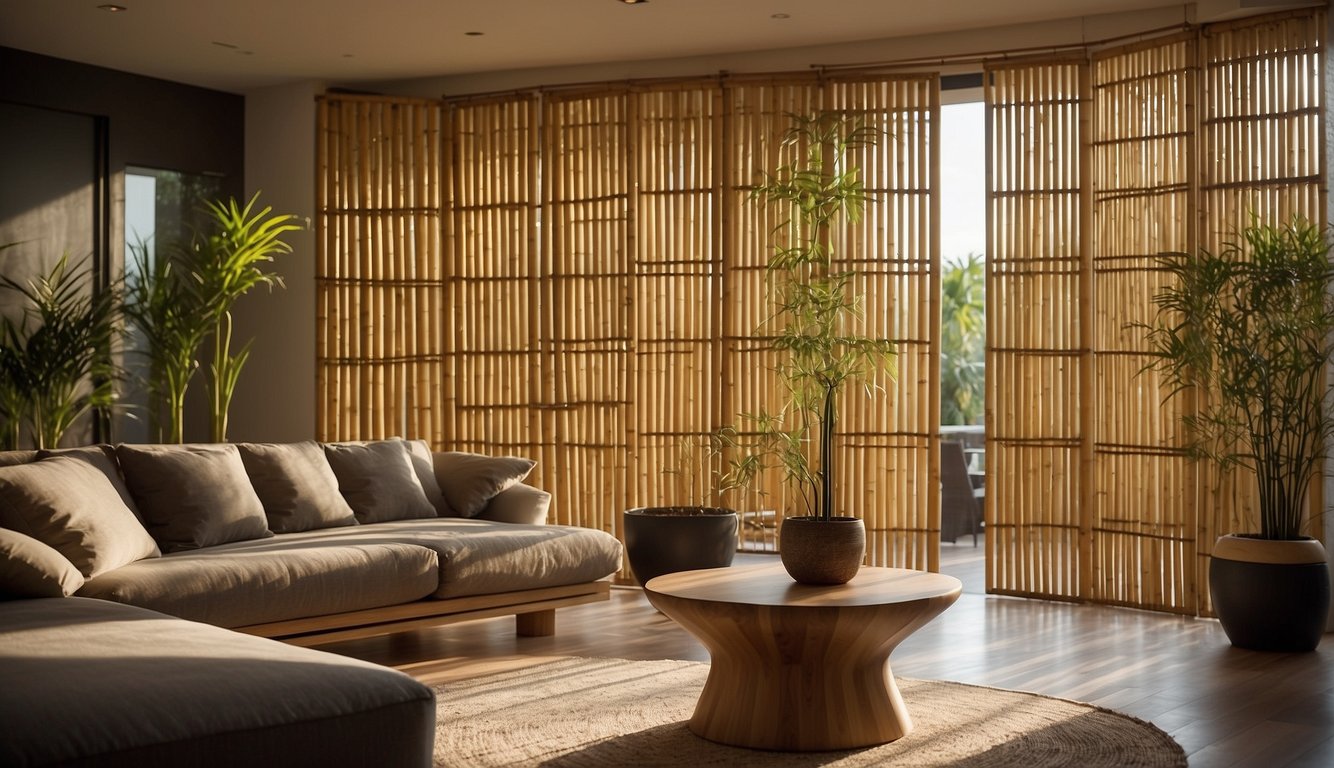 A bamboo screen stands in a modern living room, casting intricate shadows as sunlight filters through. Its versatile design complements the space, showcasing the practical applications of sustainable bamboo