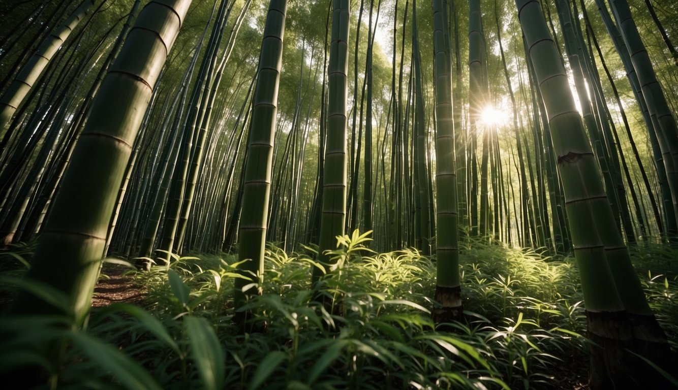 A serene bamboo forest, with tall, slender trees swaying gently in the breeze. The sunlight filters through the leaves, casting dappled patterns on the ground