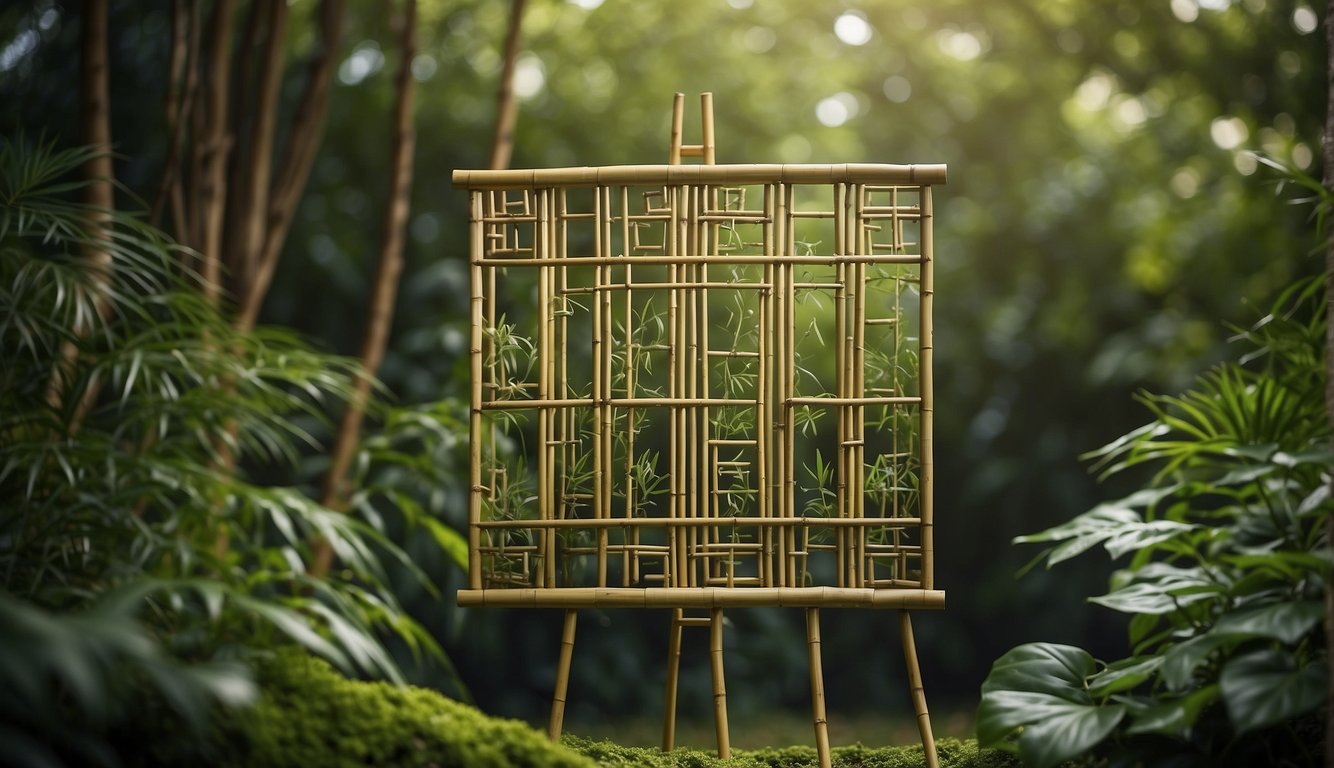 A bamboo screen stands against a backdrop of green foliage, with intricate designs featuring nature-inspired patterns and sustainable materials