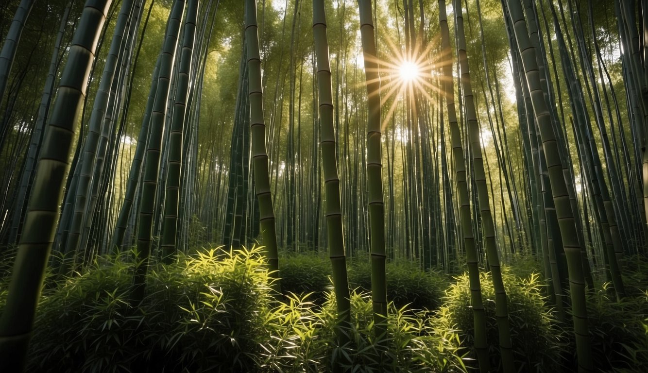 A bamboo forest with tall, slender stalks reaching towards the sky. The sunlight filters through the dense foliage, casting intricate patterns on the ground