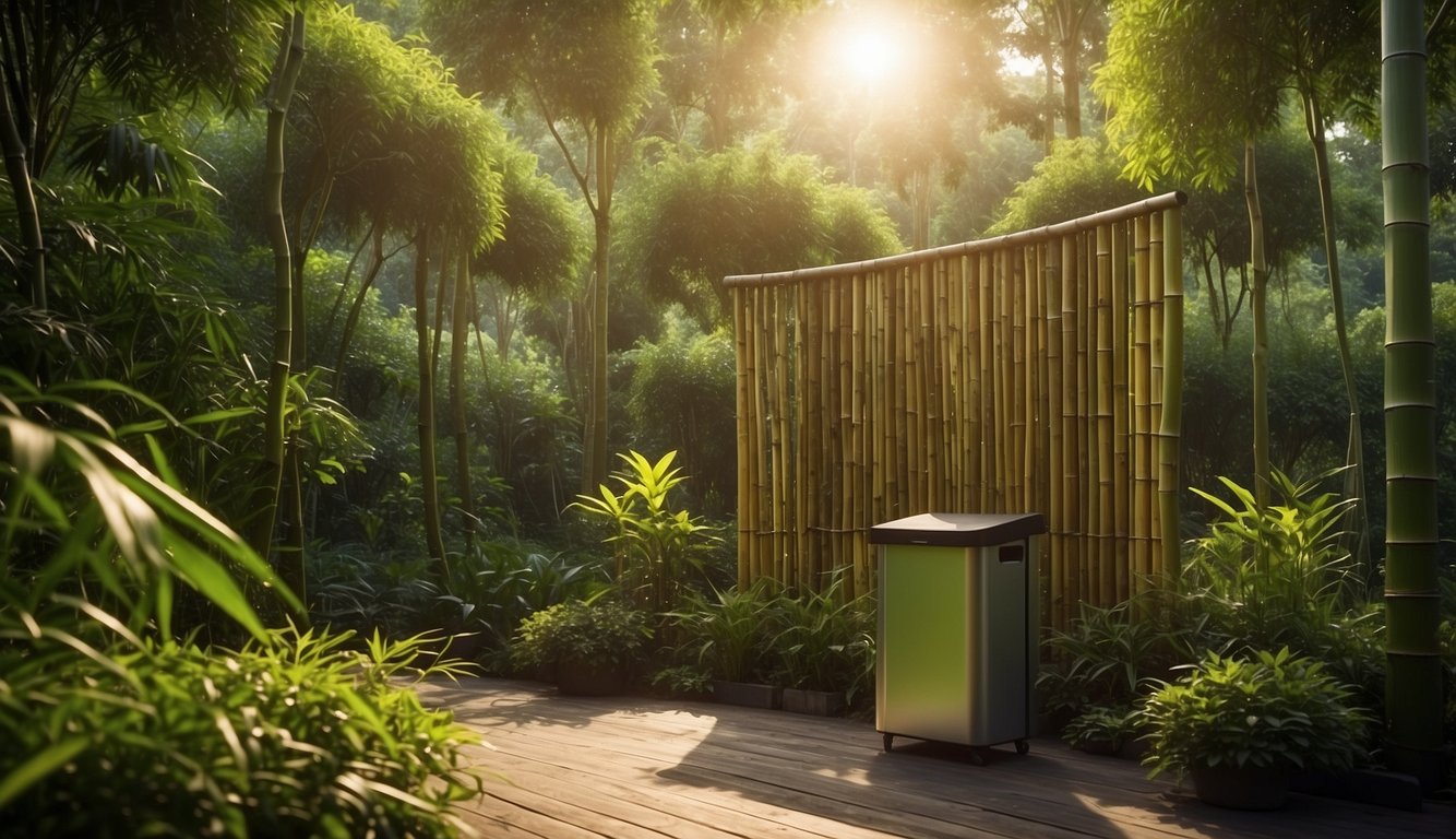 A bamboo screen stands against a backdrop of lush greenery, with solar panels and a recycling bin nearby. The design exudes sustainability and environmental consciousness