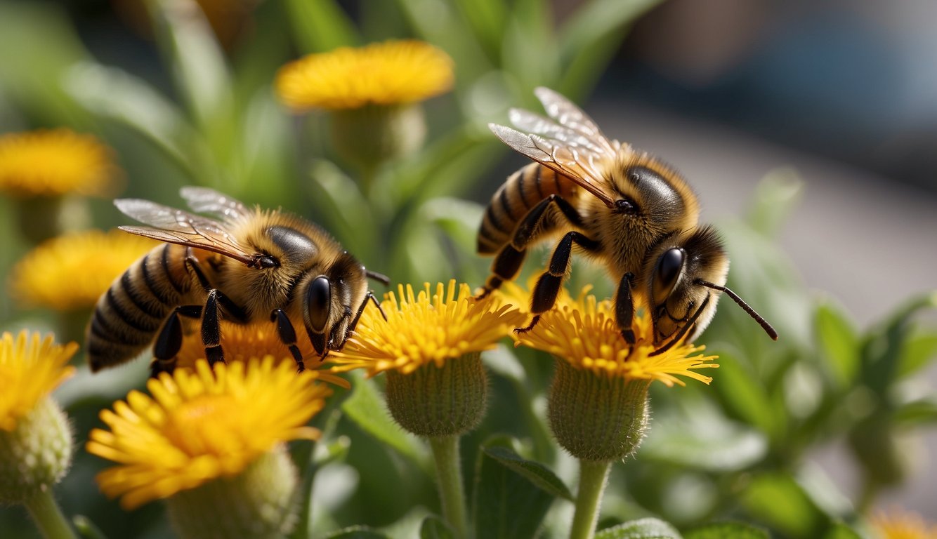 Lush greenery thrives in rooftop gardens, while bees buzz around colorful flowers. Birds build nests in the corners, and solar panels harness the sun's energy