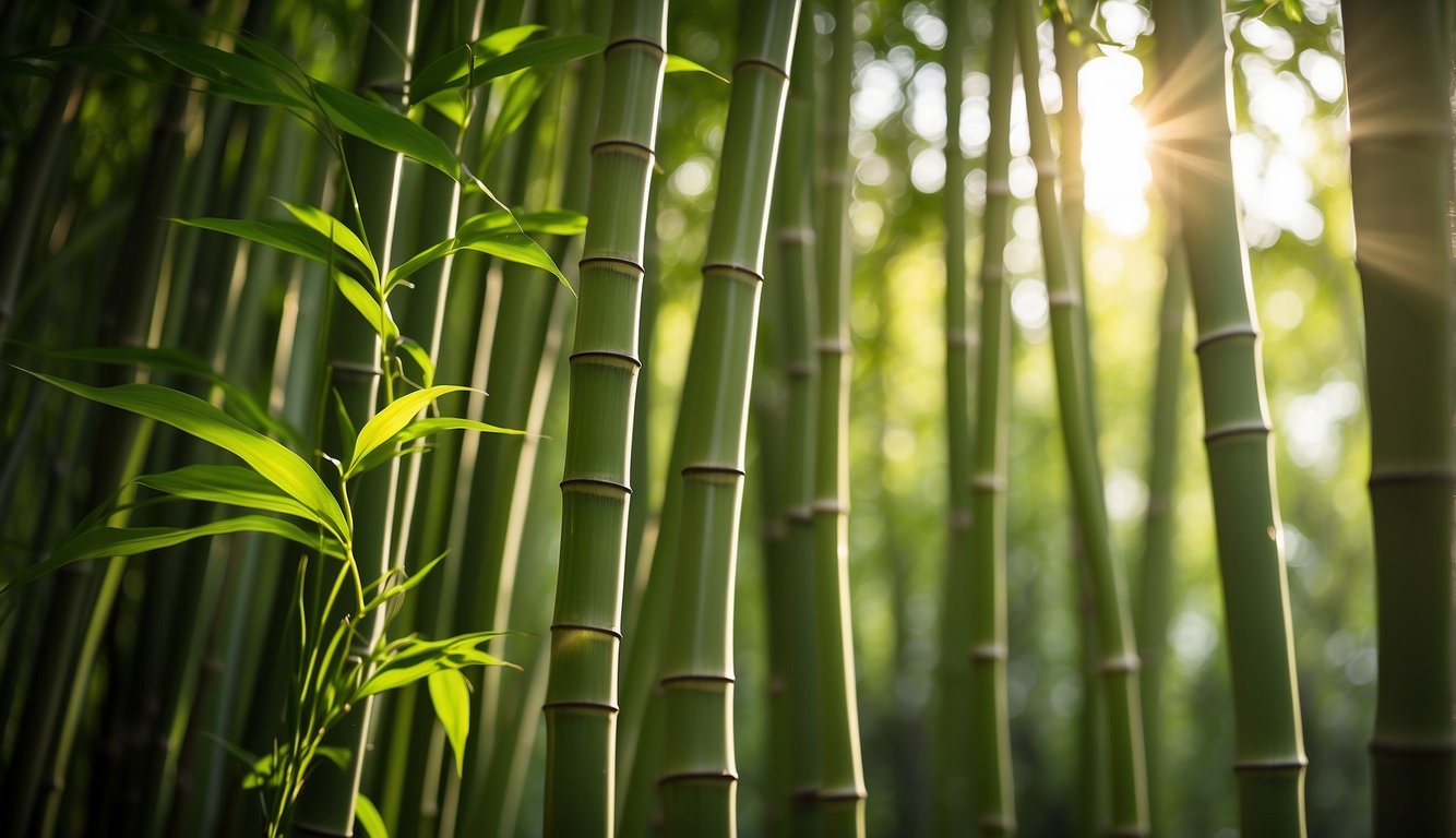 A bamboo screen stands against a backdrop of green foliage, with sunlight streaming through the gaps. The intricate patterns of the bamboo create a striking and sustainable design