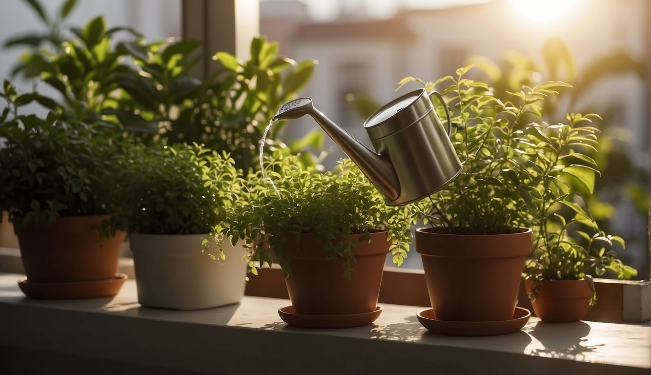 A watering can pours onto potted plants on a balcony, sunlight illuminating the greenery