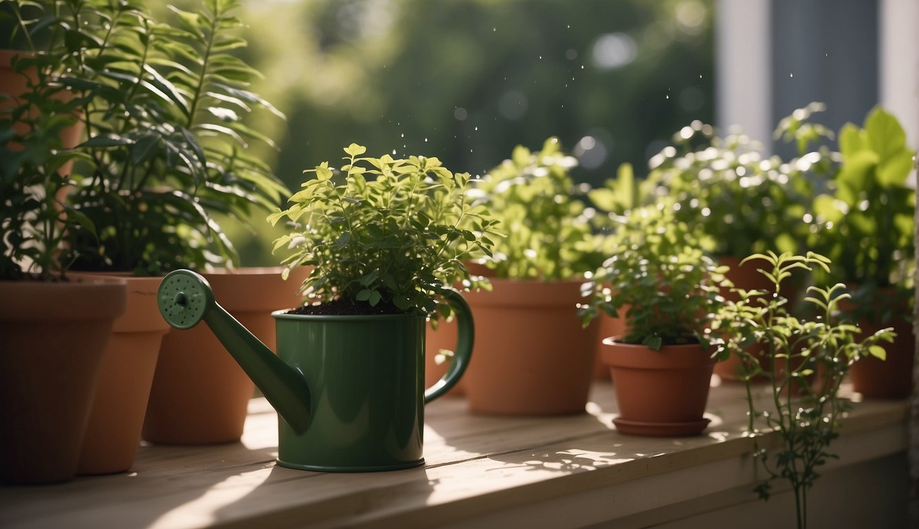 Lush green plants in pots on a sunny balcony. A watering can pours water onto the soil, with droplets splashing and plants thriving