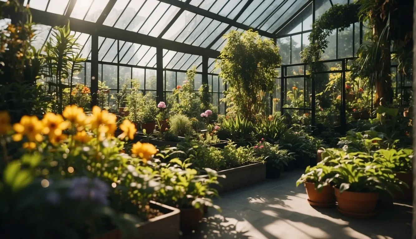 The indoor garden is bathed in natural light, illuminating the lush greenery and colorful flowers. Sunlight streams through the glass ceiling, casting soft shadows on the vibrant foliage