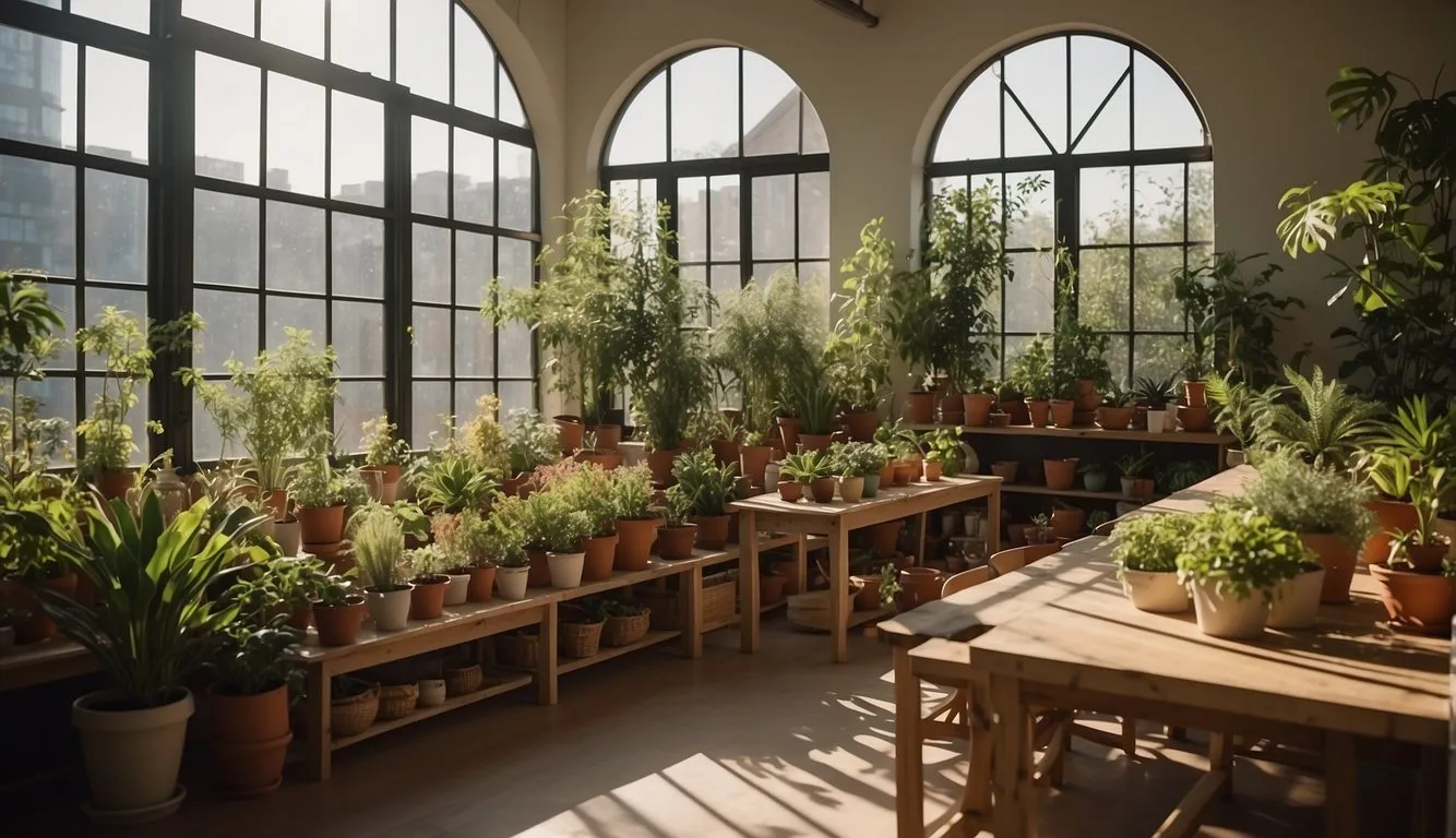 A bright, sunlit room with potted plants arranged on shelves and tables. Large windows let in natural light, creating a serene indoor garden setting