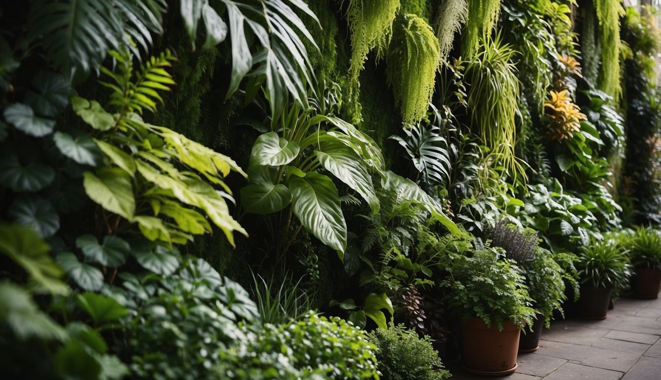 Lush greenery cascades down a tall wall, with various foliage types like ferns, succulents, and ivy creating a vibrant and textured vertical garden