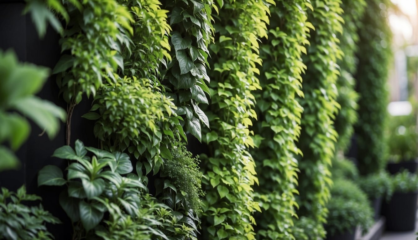 Lush green foliage cascading down from vertical planters, with a variety of plant types carefully arranged and maintained