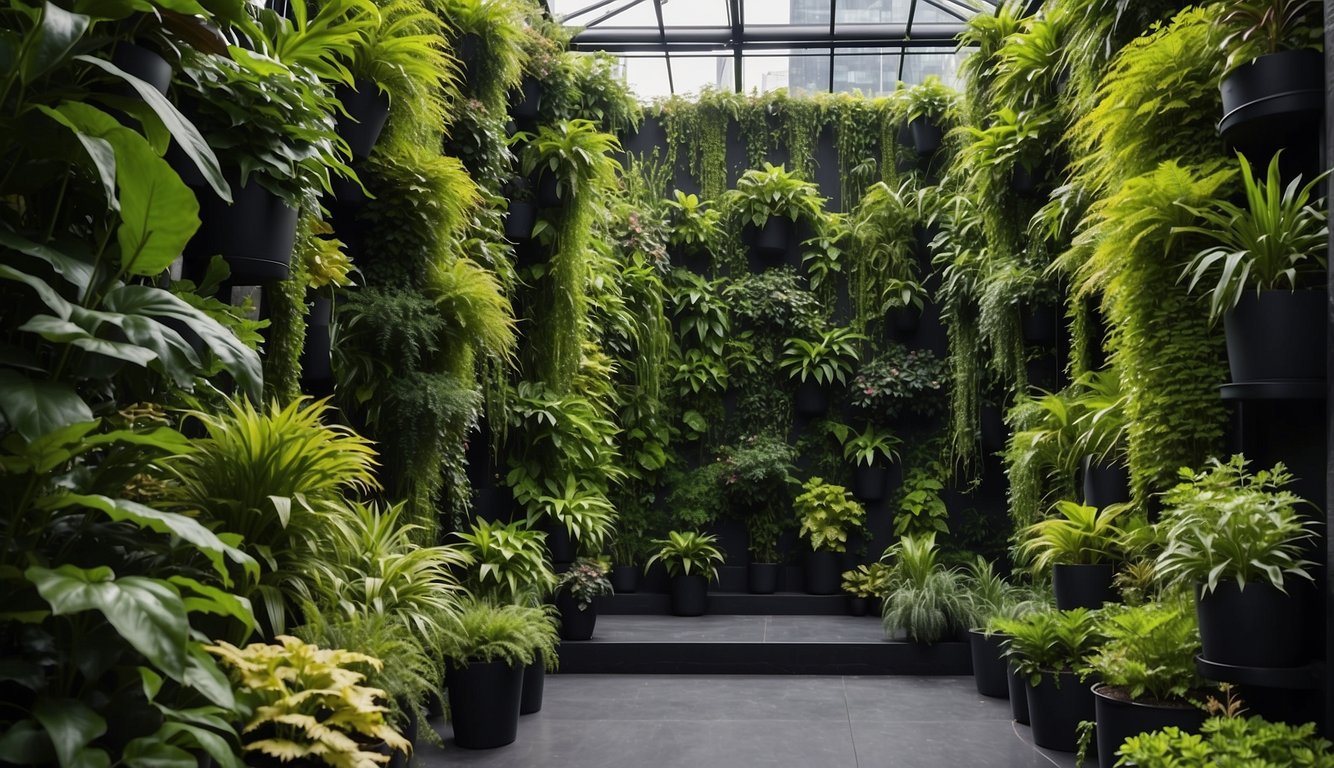 Lush green foliage cascades down from various planters attached to a vertical structure, creating a vibrant and dynamic vertical garden design