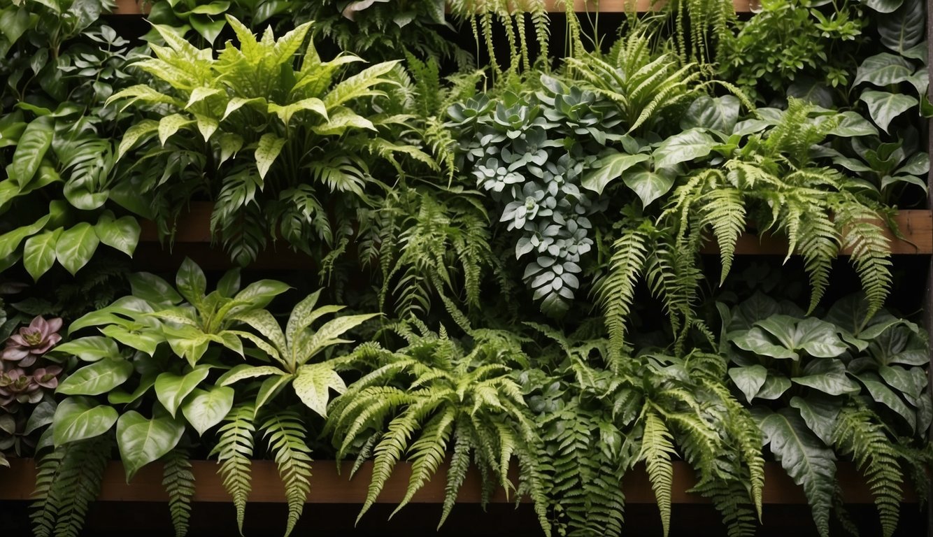 Various types of foliage cascade down the vertical garden, including ferns, succulents, and ivy. The lush greenery creates a vibrant and natural backdrop