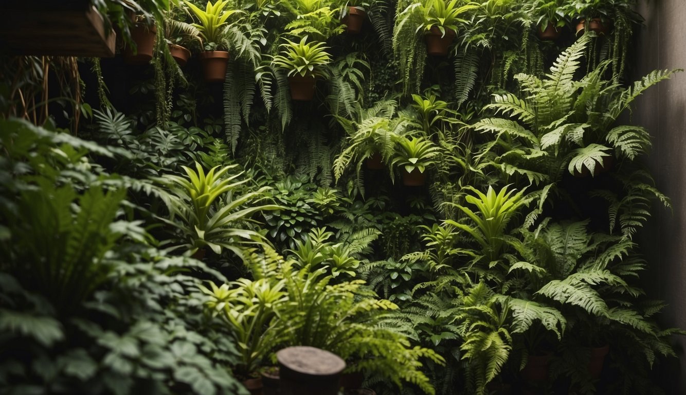 The vertical garden is a lush array of ferns, succulents, and tropical foliage, cascading down a textured wall. Sunlight filters through the leaves, creating a vibrant and calming atmosphere