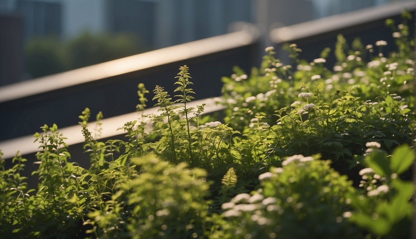 Lush greenery and diverse plant life thrive on a bustling urban rooftop, while birds and insects flit and buzz among the foliage