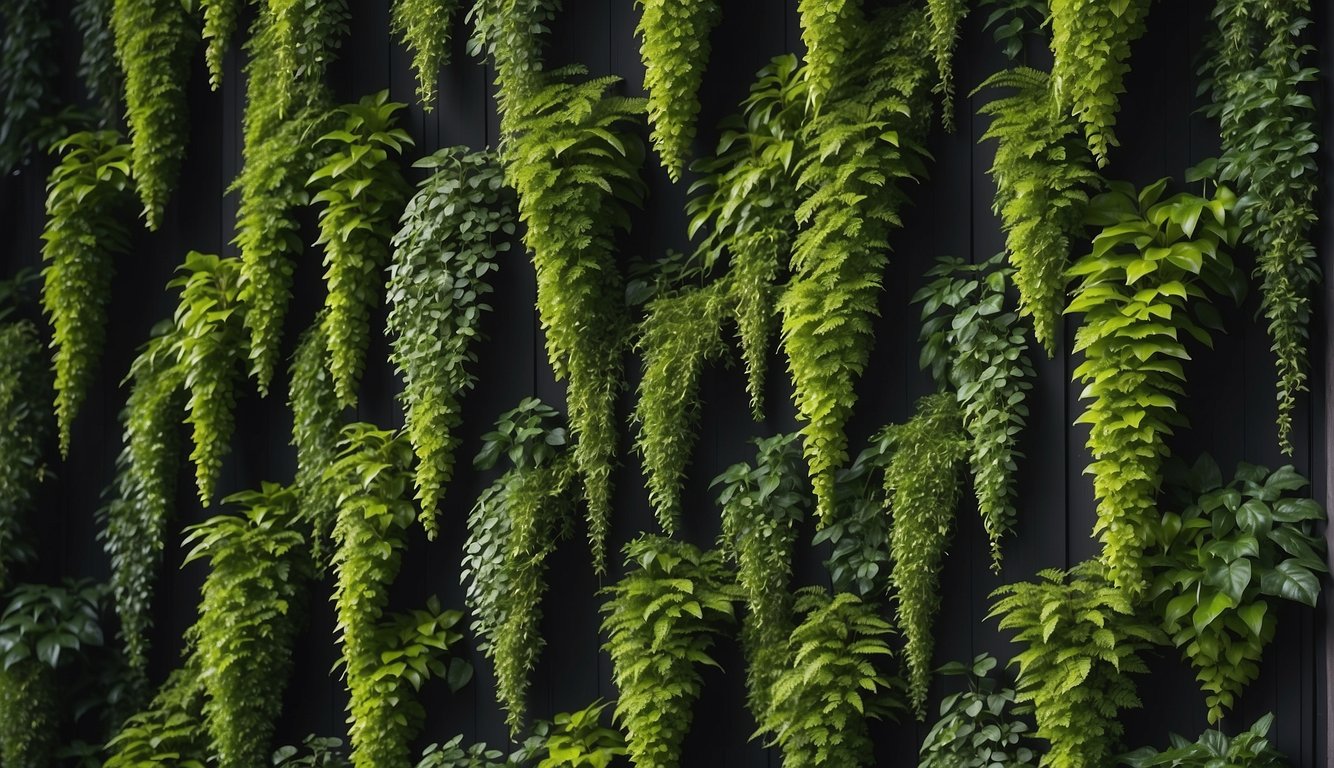 Lush greenery of various foliage types cascading down a vertical garden, creating a vibrant and textured display