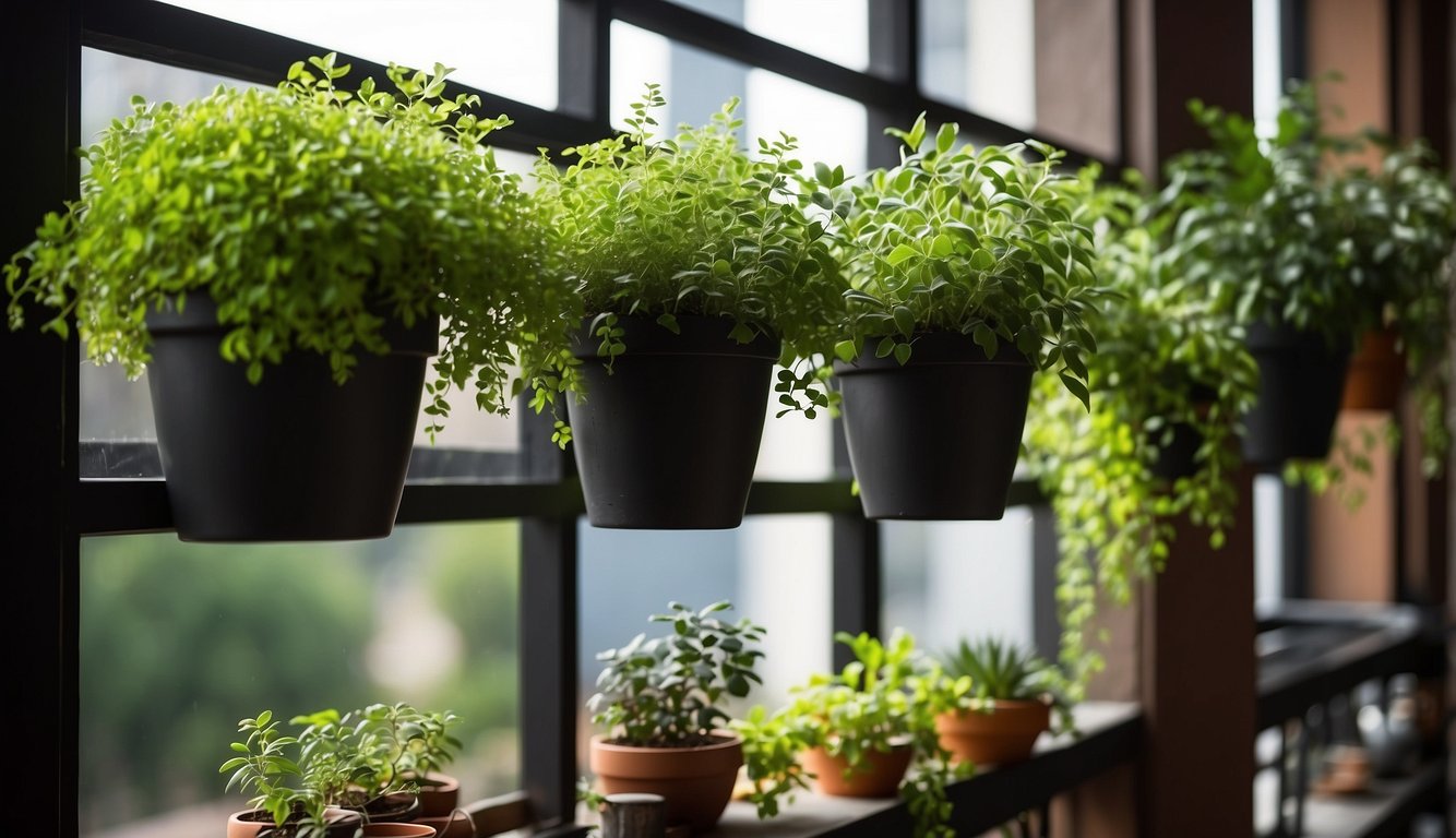 Lush green plants thrive in rich, dark soil on a sunny balcony, surrounded by colorful pots and hanging planters