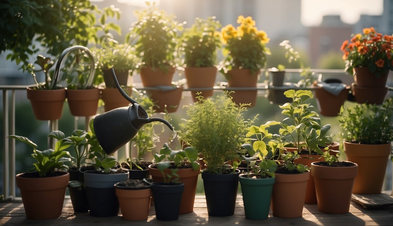 A balcony garden with potted plants, soil bags, and gardening tools. A person watering the plants and adding soil to the pots