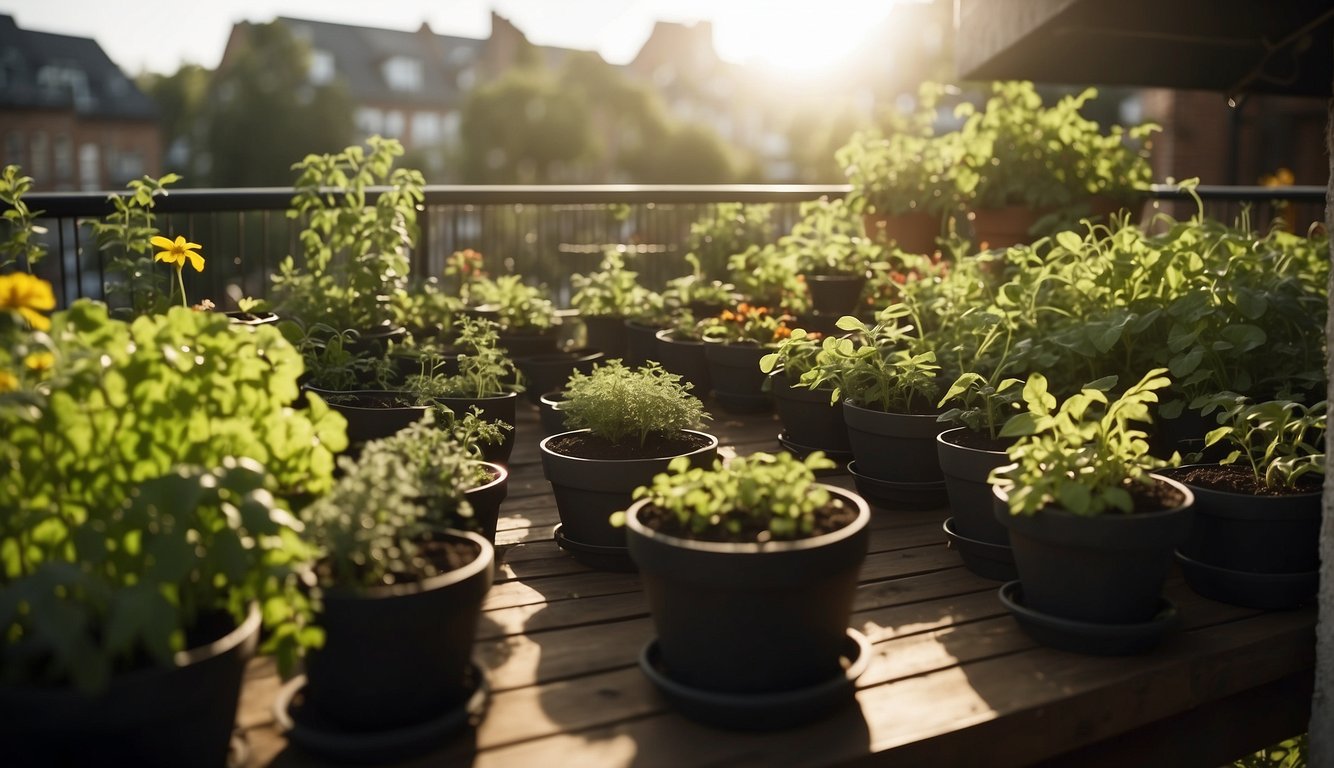 Lush balcony garden with raised beds, pots of herbs, and hanging baskets. Rich, dark soil teeming with earthworms. Sunlight filters through the leaves