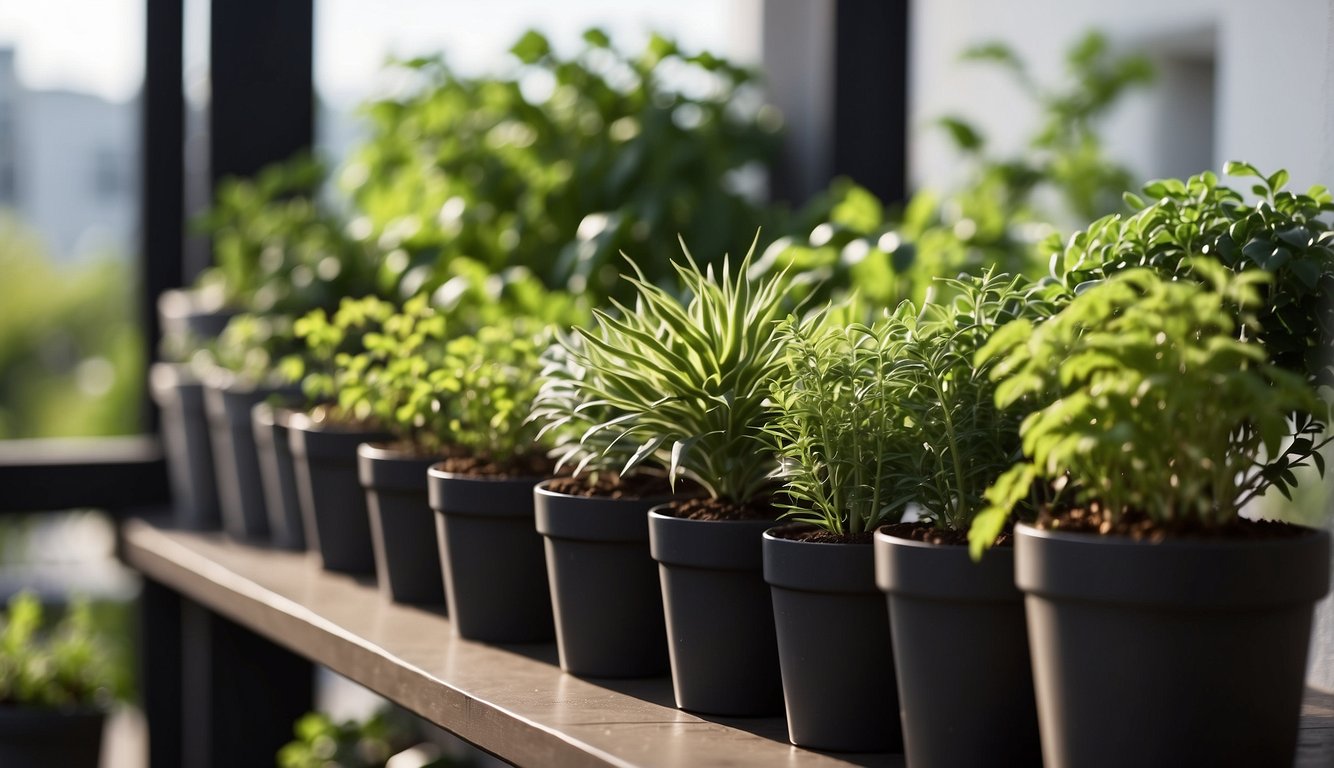 Lush green plants thrive in neatly arranged pots on a sunlit balcony. Rich, dark soil fills the containers, providing the perfect environment for healthy growth