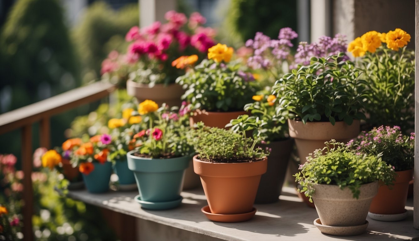 A balcony garden with decorative pots and colorful flowers, surrounded by lush green soil and neatly arranged aesthetic choices