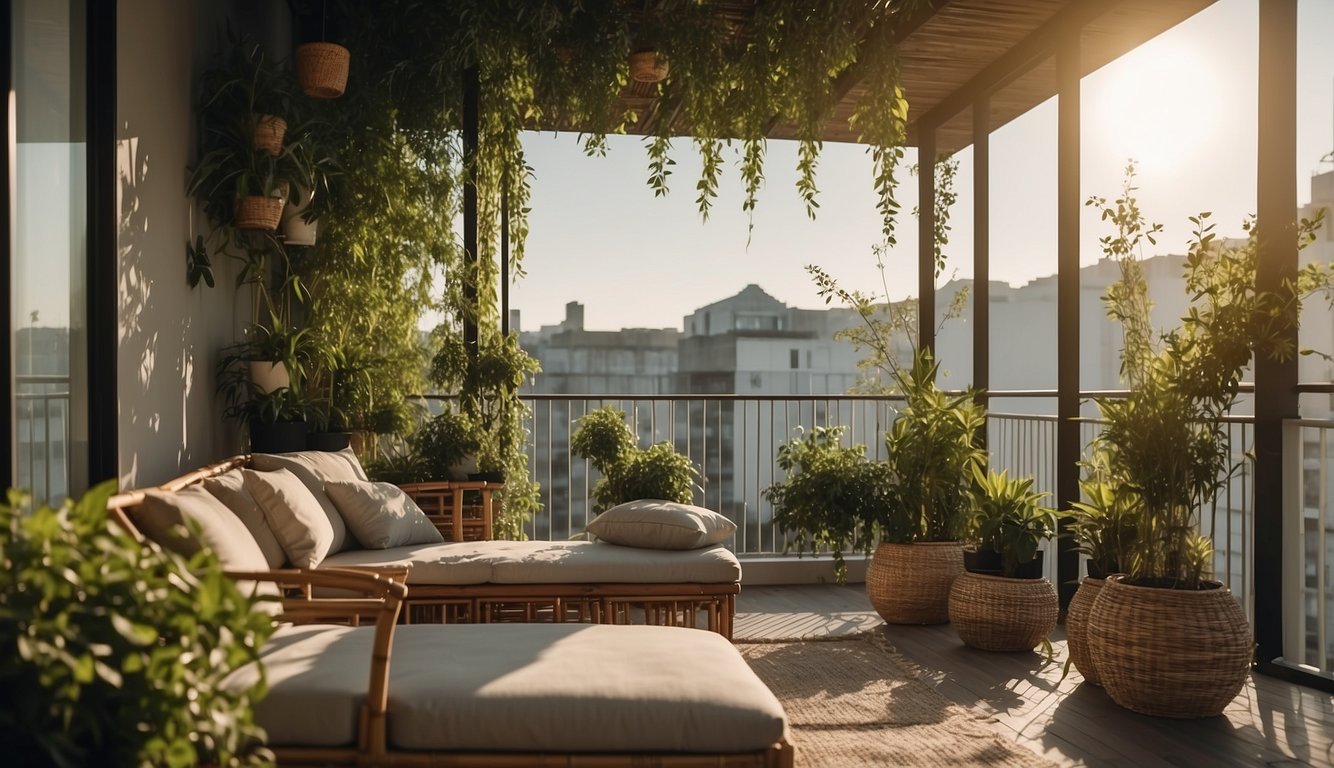 A balcony adorned with hanging plants, bamboo screens, and cozy seating for privacy and relaxation