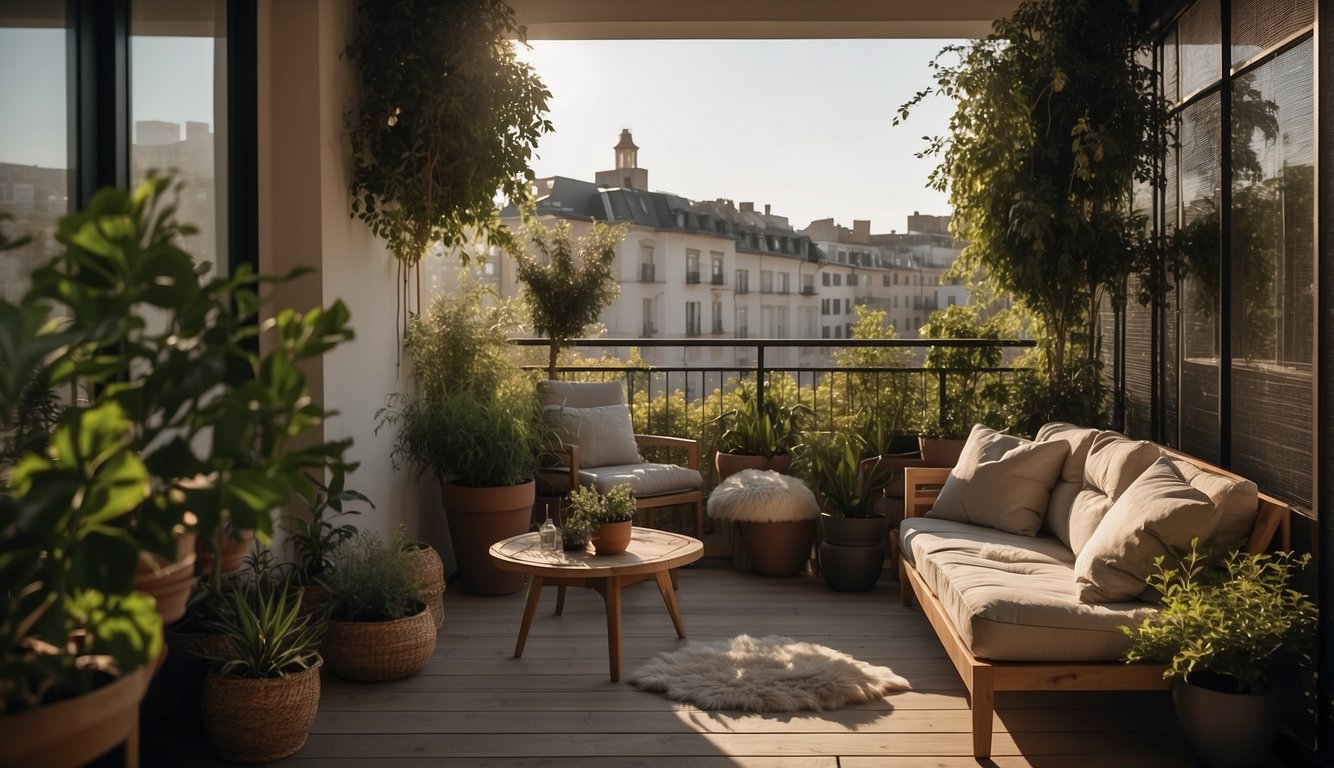 A balcony with a cozy seating area, surrounded by tall plants and decorative screens for privacy. Aesthetic lighting adds ambiance to the space