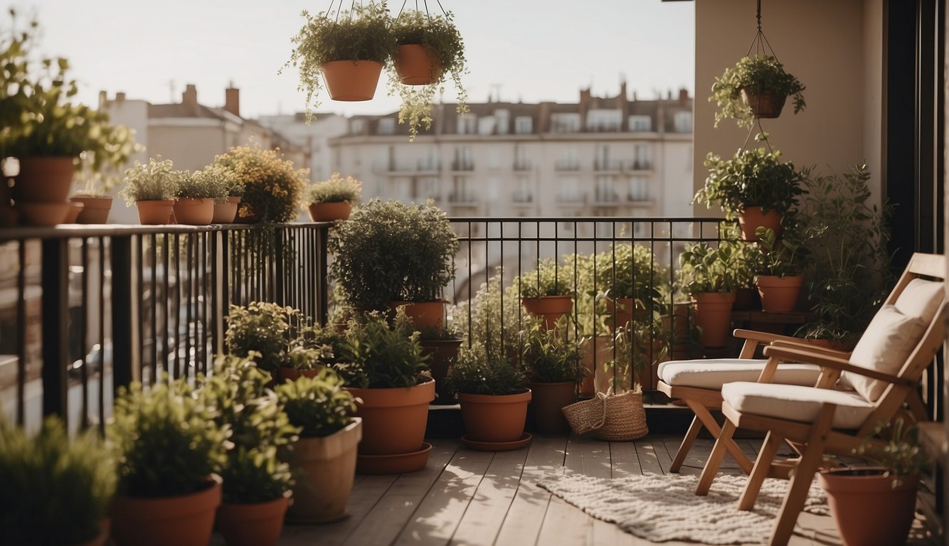A cozy balcony with potted plants, hanging baskets, and privacy screens. Aesthetic and functional essentials for a beautiful balcony garden