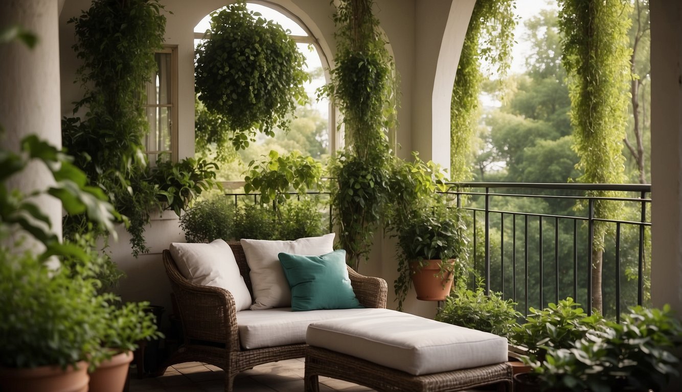 A serene balcony with lush greenery, hanging curtains, and a cozy seating area, providing a sense of privacy and tranquility