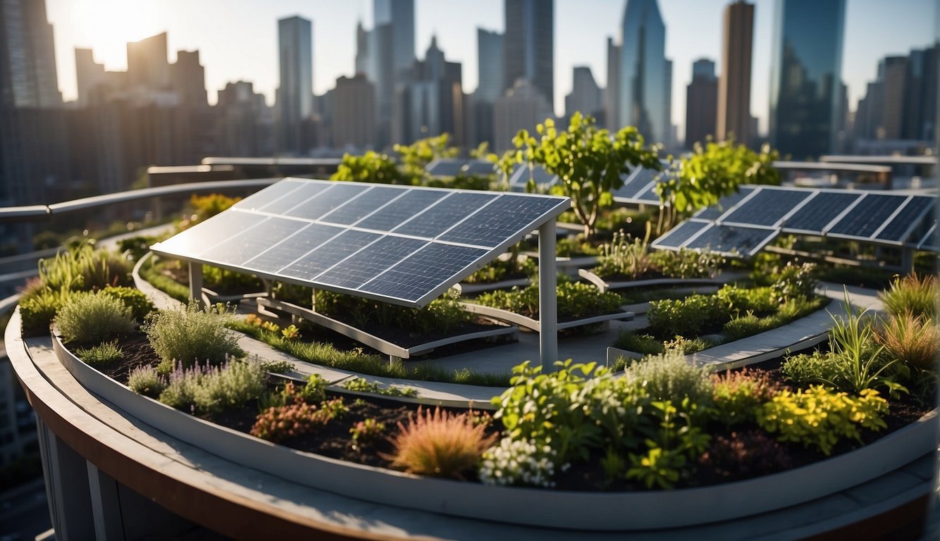 A city skyline with rooftop gardens, solar panels, and green infrastructure. Buildings are interconnected with walkways and green spaces, showcasing a sustainable urban ecosystem