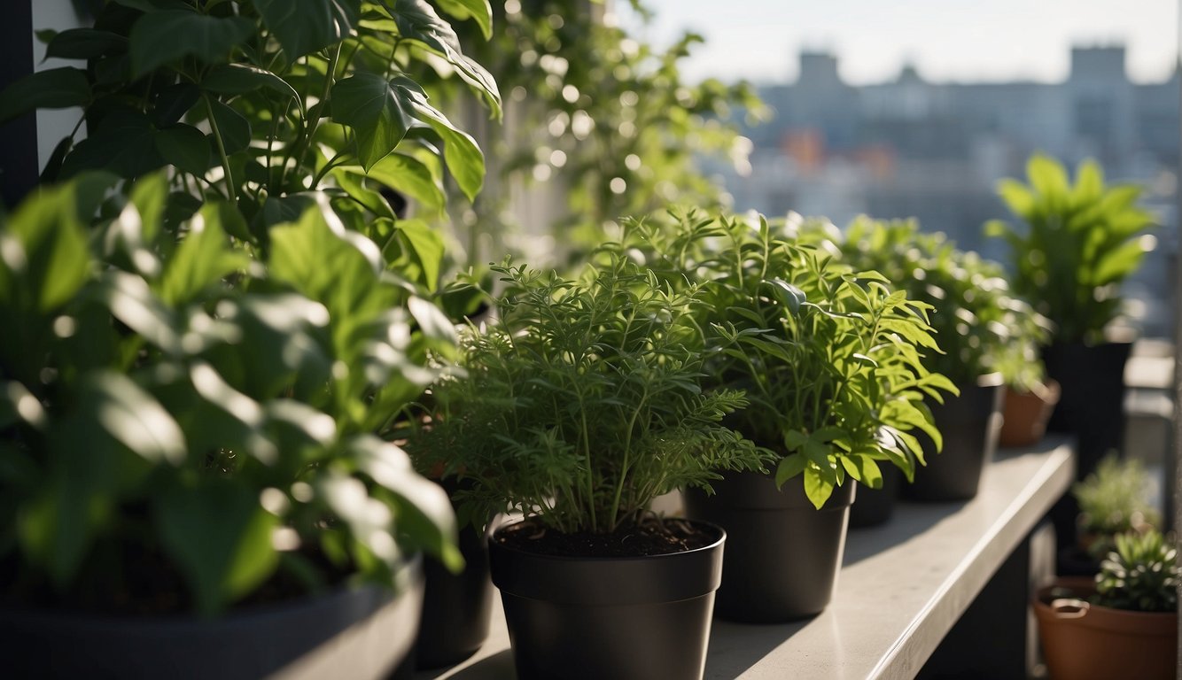 Lush green plants thrive in a balcony garden, shielded from the wind by a protective barrier