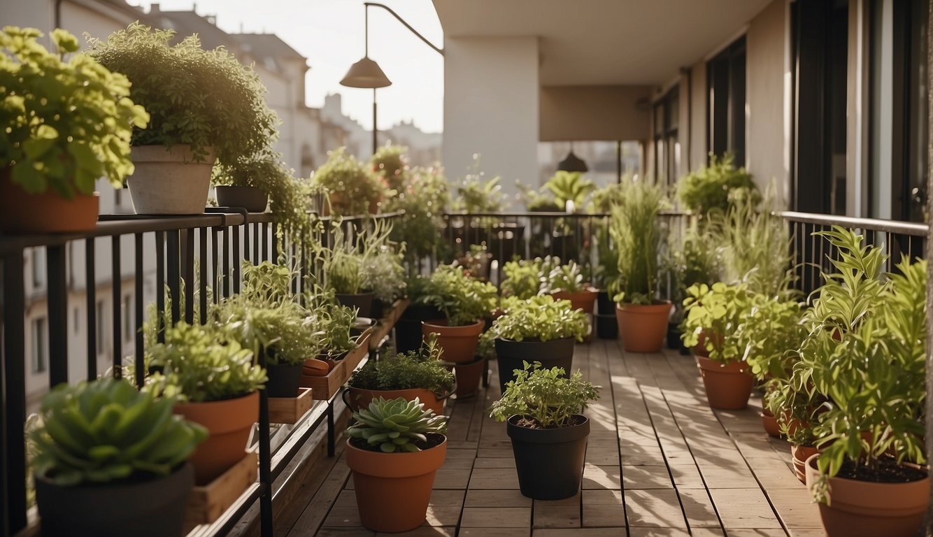 A balcony garden with wind protection: A variety of potted plants arranged along the perimeter of the balcony, with tall, sturdy trellises or screens positioned strategically to shield the plants from strong winds