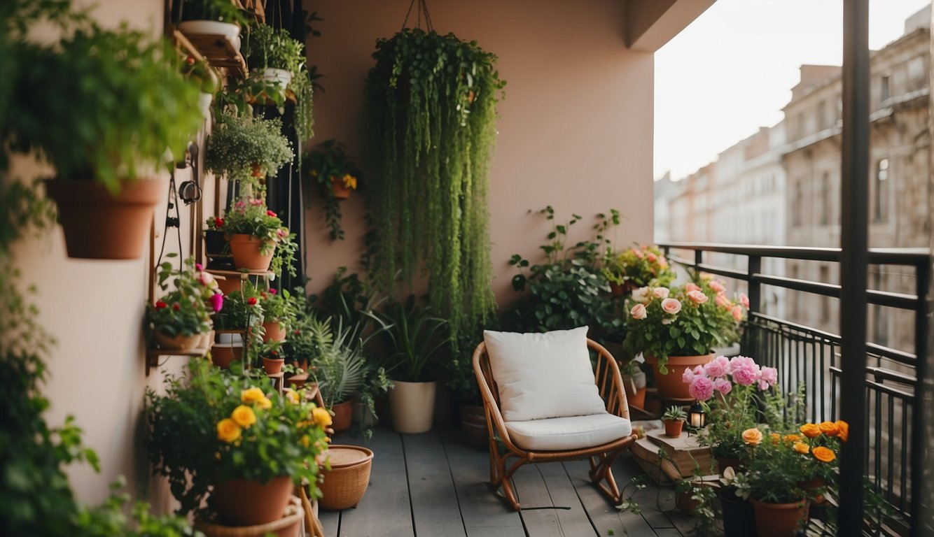 A small balcony with hanging plants, vertical planters, and a cozy seating area. Lush greenery and colorful flowers create a tranquil oasis