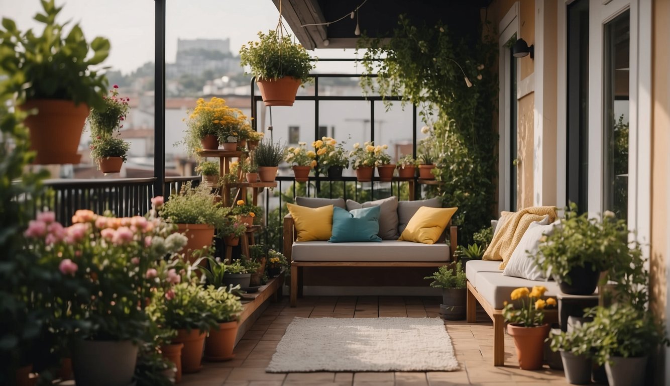 A small balcony with hanging plants, potted flowers, and a cozy seating area. The space is filled with greenery and colorful blooms, creating a peaceful and inviting atmosphere