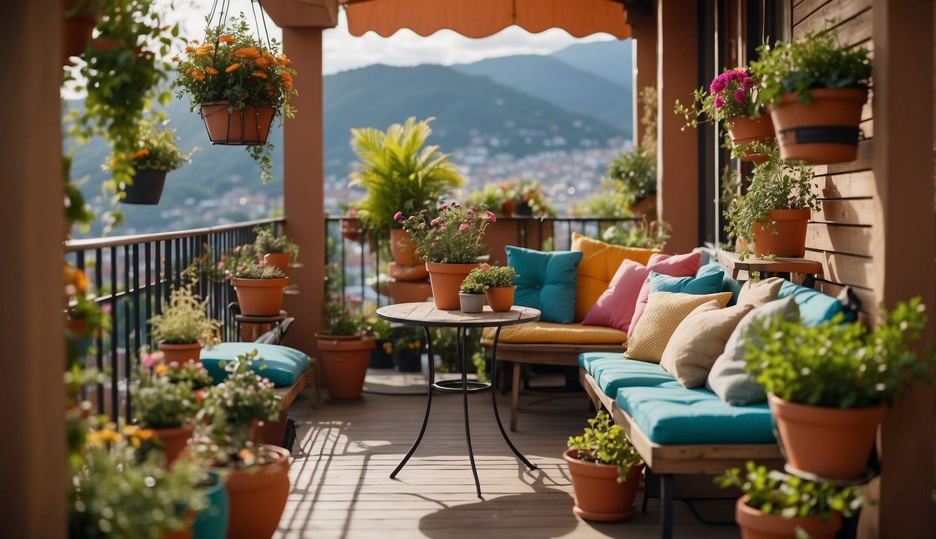 A cozy balcony with hanging plants, potted flowers, and small garden accessories. A bistro set with colorful cushions completes the inviting space