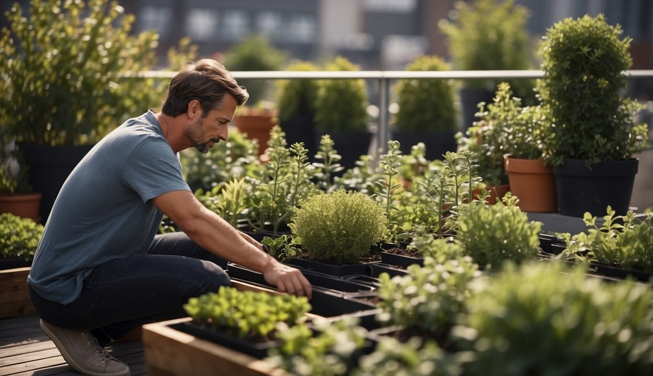 A figure arranging hardy plants and stylish materials for a rooftop garden privacy feature