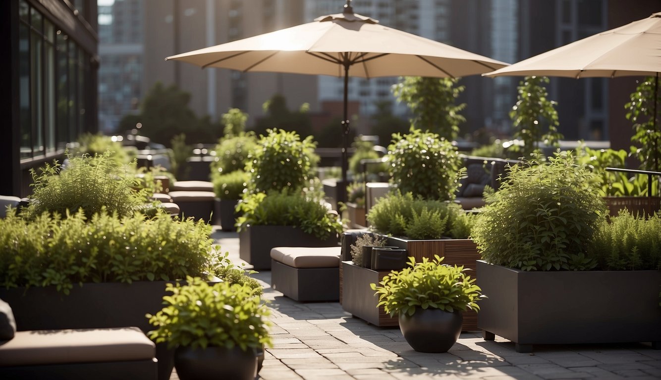 A rooftop garden with cozy seating, shade umbrellas, and tall planters for privacy. Comfortable and functional design elements