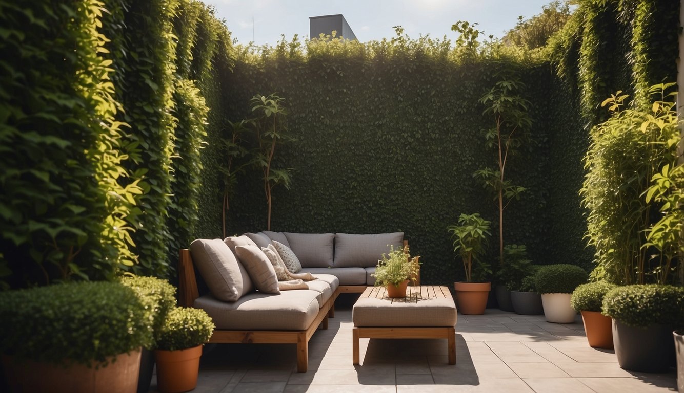 A lush rooftop garden with tall privacy hedges, potted plants, and a wooden trellis with climbing vines. A cozy seating area is surrounded by greenery