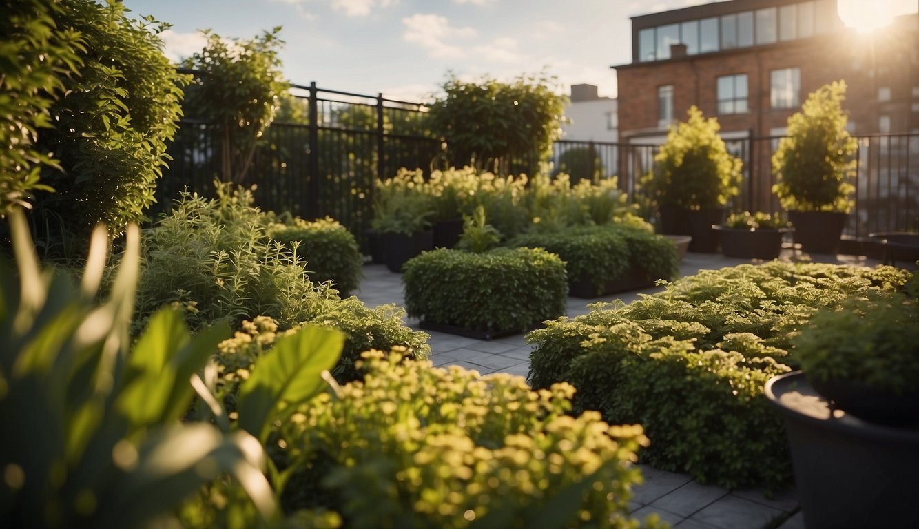 Lush plants and flowers are being tended to in a rooftop garden with privacy features like tall hedges and trellises