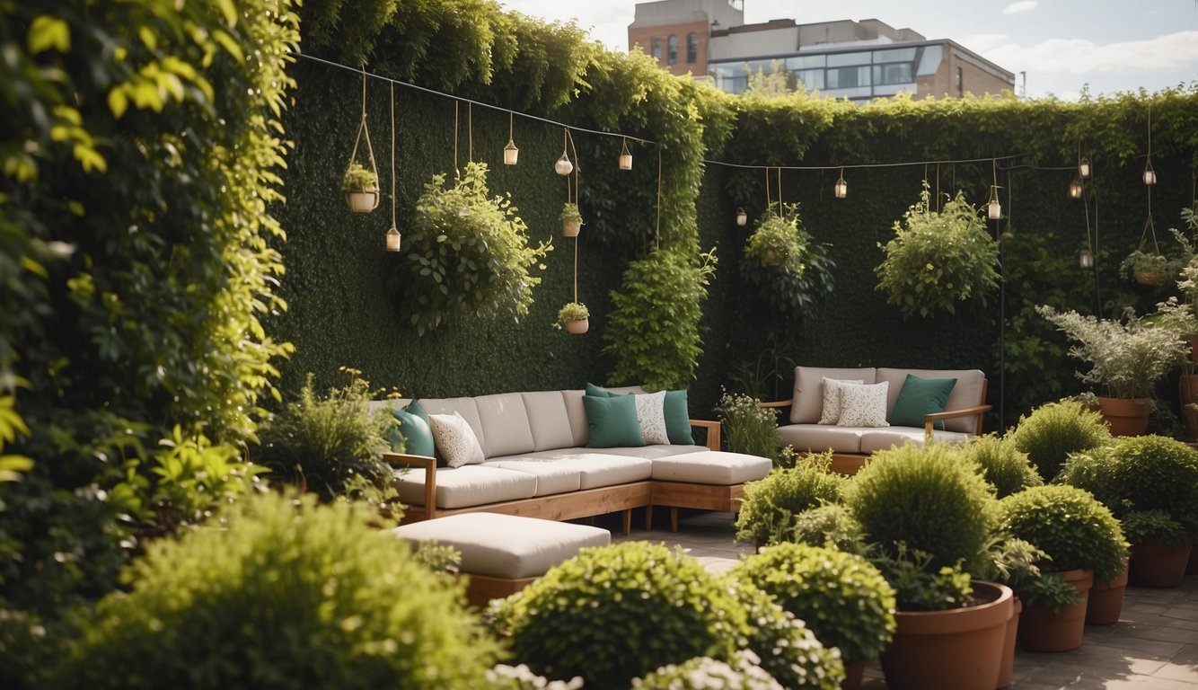 A rooftop garden with tall hedges, trellises, and hanging curtains for privacy. Lush greenery and comfortable seating create a peaceful oasis