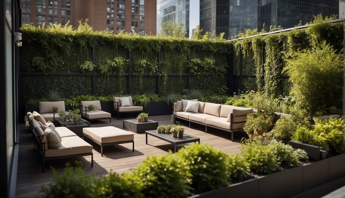 A rooftop garden with tall privacy screens, lush greenery, and seating areas. The regulations are posted on a nearby wall