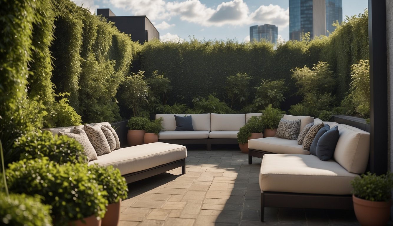 A rooftop garden with tall privacy walls, lush greenery, and comfortable seating areas for relaxation and enjoyment