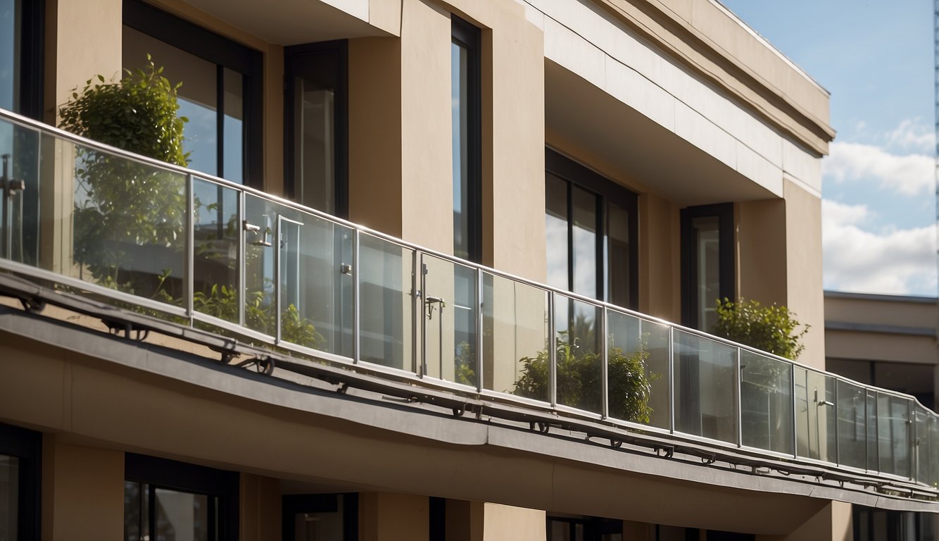 A balcony with a tall, sturdy railing, privacy screens, and clear safety signage. The building exterior shows compliance with regulations and codes