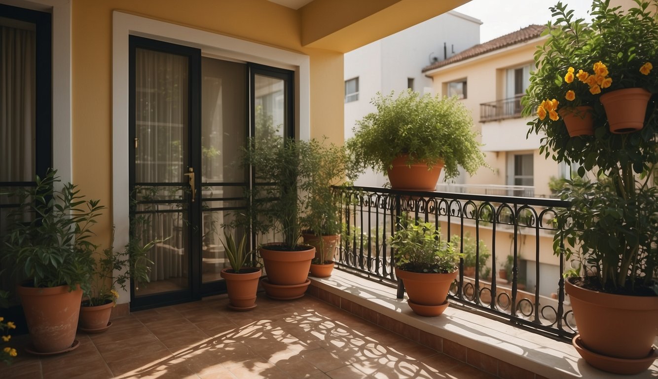 A balcony with high railing, potted plants, and hanging curtains for privacy. Locks on the doors and windows for safety